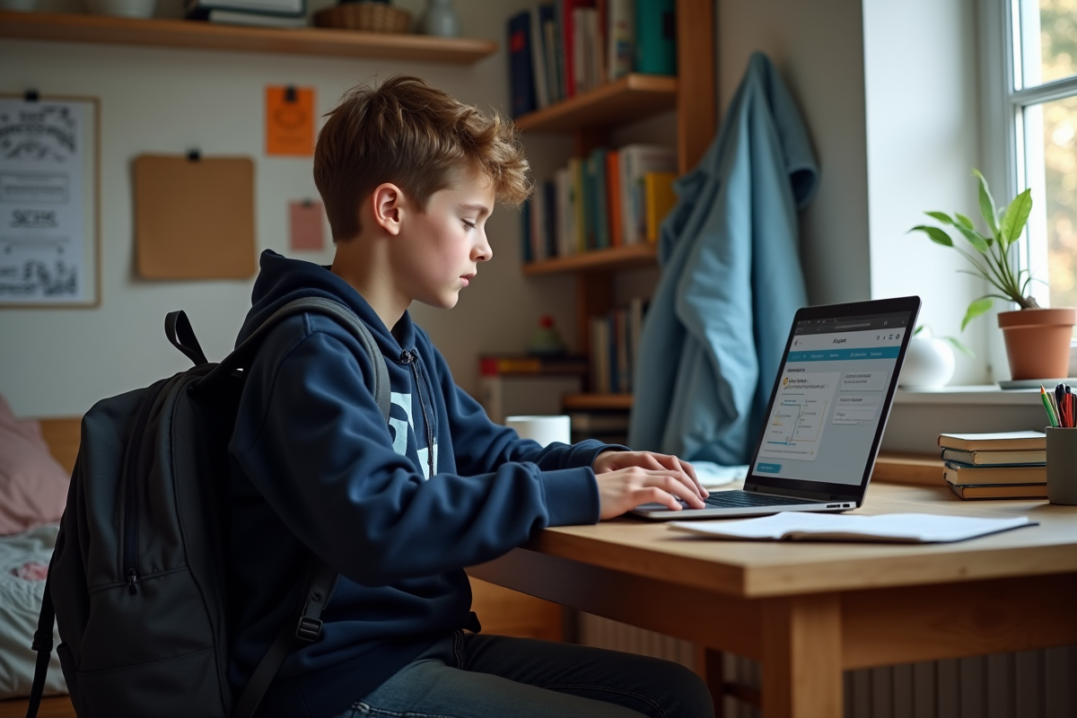 Adolescent concentré sur son ordinateur portable dans sa chambre