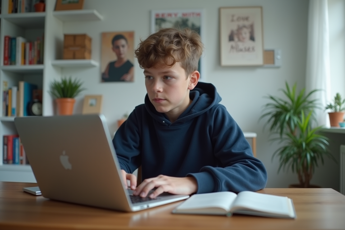 Adolescent concentré devant son ordinateur dans sa chambre