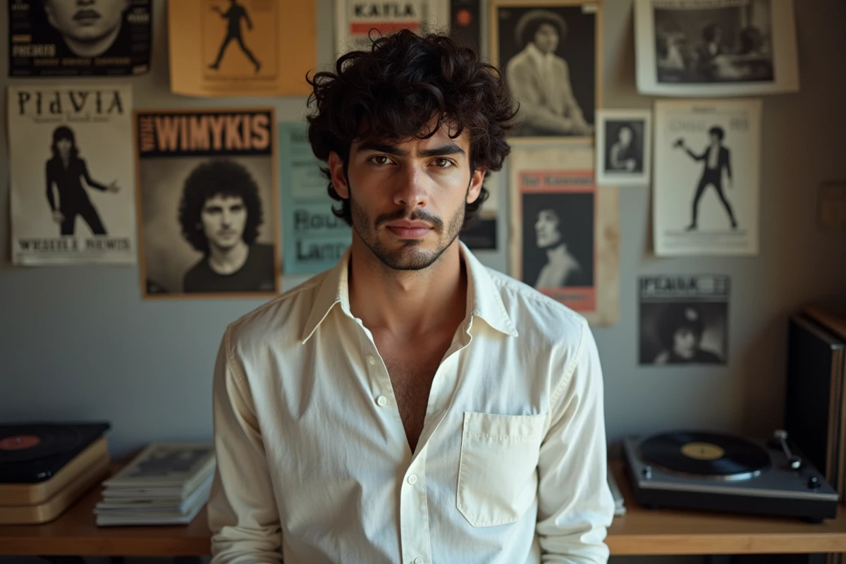 Jeune homme se tenant devant des affiches et coupures de presse du chanteur Mike Brant, potentiel héritier présumé