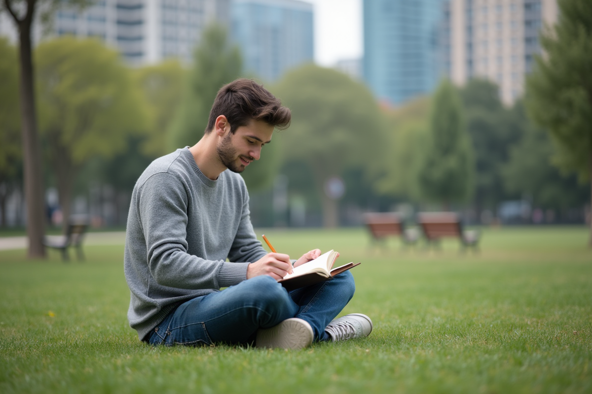 Jeune homme écrivant dans un parc calme