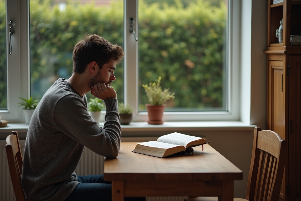 Jeune homme priant à la table de cuisine