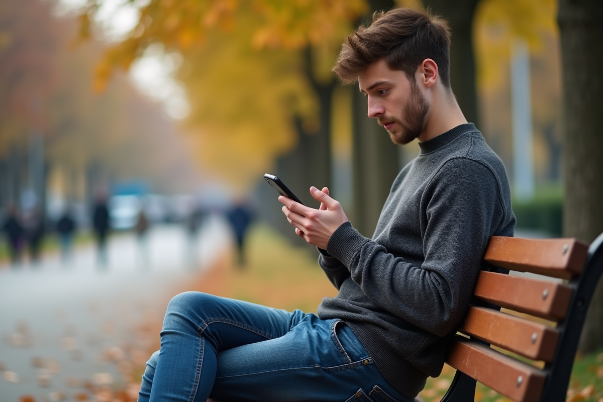 Jeune homme surpris lisant un message dans un parc
