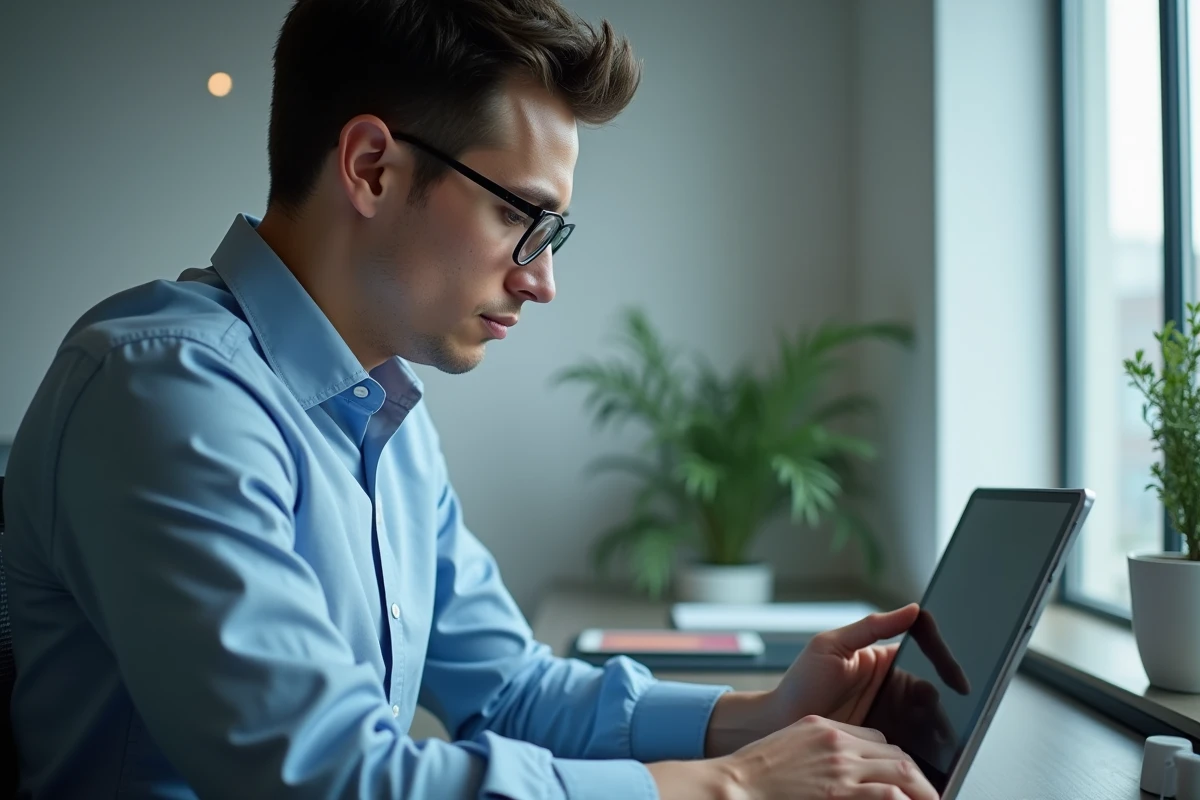 Jeune homme vérifiant des mises à jour sur la plateforme Medisys avec une tablette