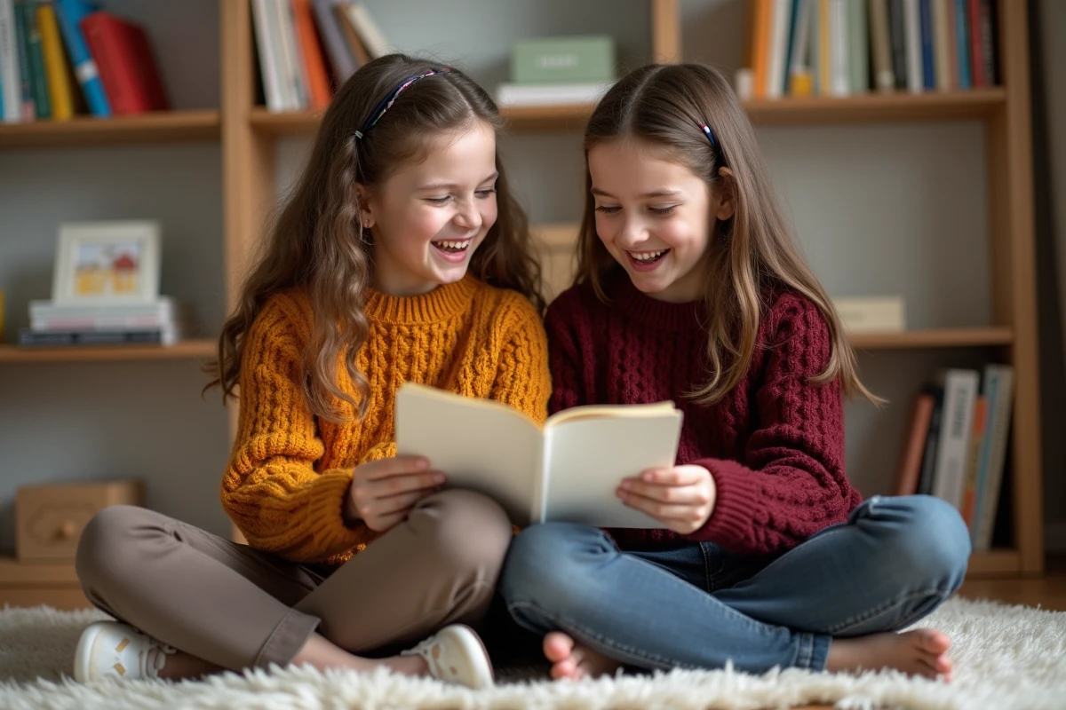 Deux jeunes cousines riant ensemble dans une chambre cosy, illustration d'une citation tendre sur les liens familiaux