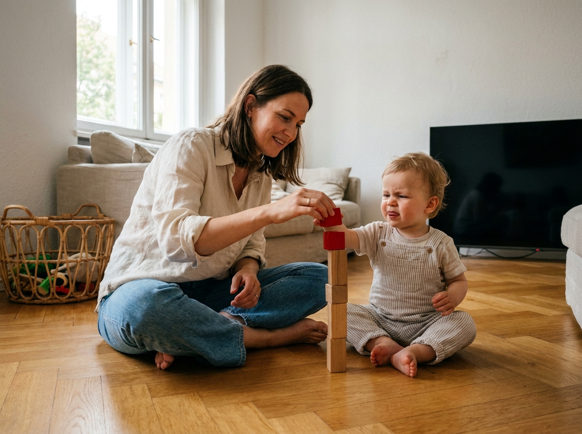 Mère et enfant en bas âge construisant une tour de cubes en bois colorés sur le parquet d'un salon, télévision éteinte en arrière-plan