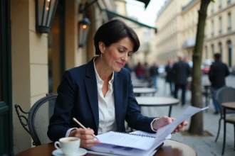 Femme journaliste en blazer marine relisant ses notes à la terrasse d'un café parisien, illustrant l'équilibre entre vie professionnelle et vie personnelle