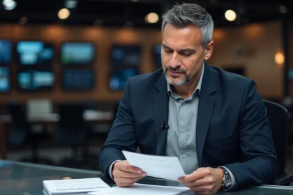 Journaliste de télévision masculin professionnel assis à un bureau de studio, illustrant le parcours médiatique de Pablo Pillaud-Vivien