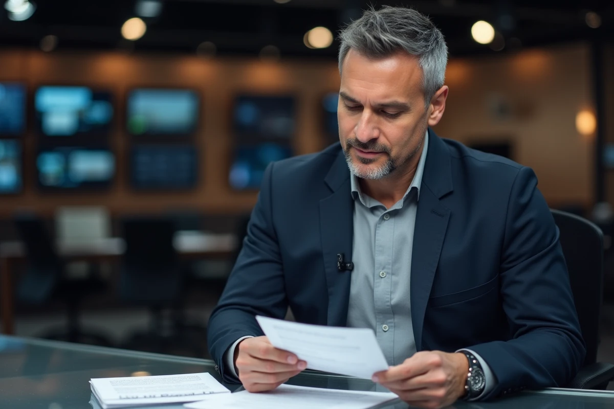 Journaliste de télévision masculin professionnel assis à un bureau de studio, illustrant le parcours médiatique de Pablo Pillaud-Vivien