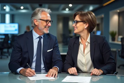 Journalistes souriants dans un bureau de newsroom