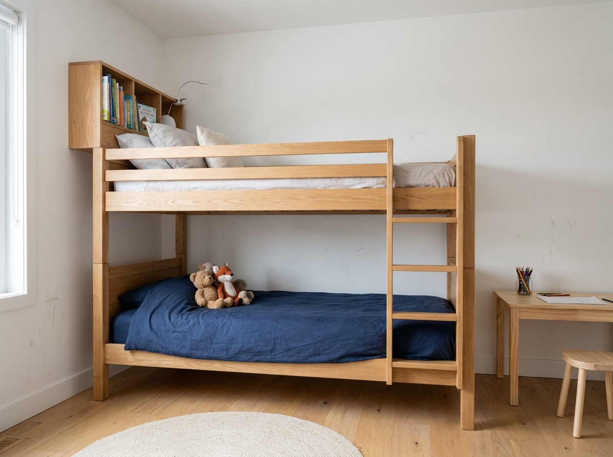 Lit cabane superposé en bois massif dans une chambre d'enfant moderne avec bureau intégré et rangements