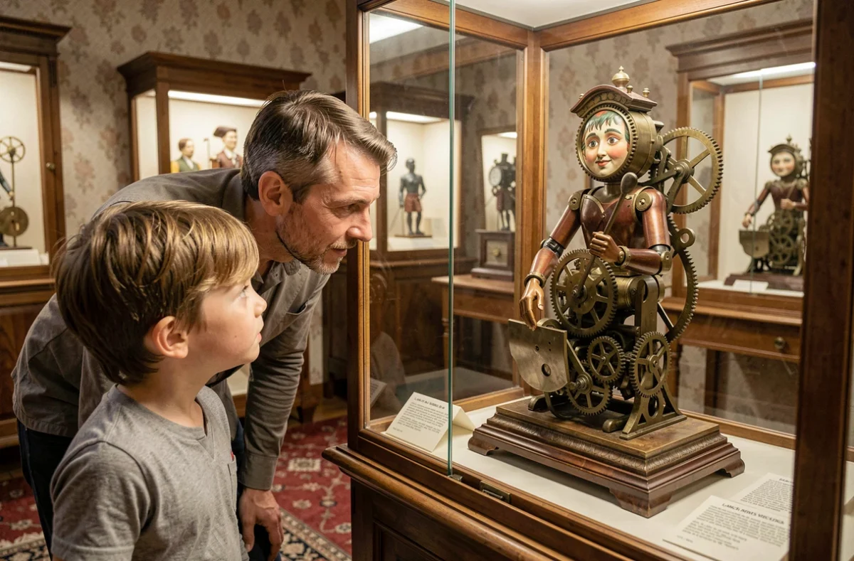 Père et enfants fascinés devant un automate mécanique ancien exposé au musée La Magie des Automates à Lans-en-Vercors