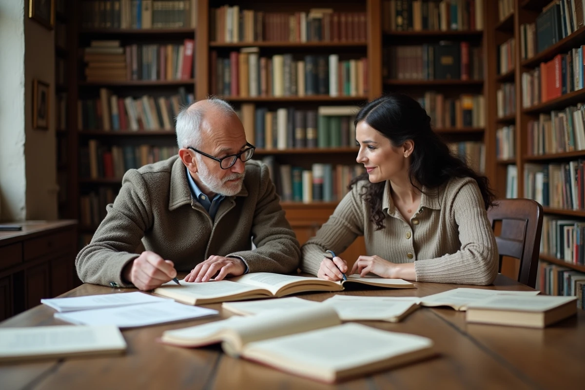 Vue large d'une maison d'édition française classique avec des professionnels de l'édition consultant des manuscrits autour d'une grande table en chêne