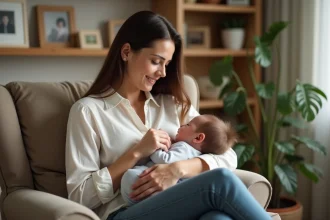 Jeune maman allaitant son bébé dans un salon chaleureux
