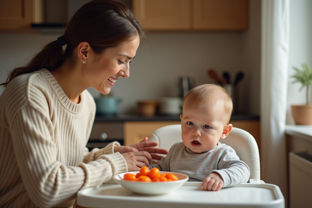 Maman réconforte son bébé dans la cuisine chaleureuse