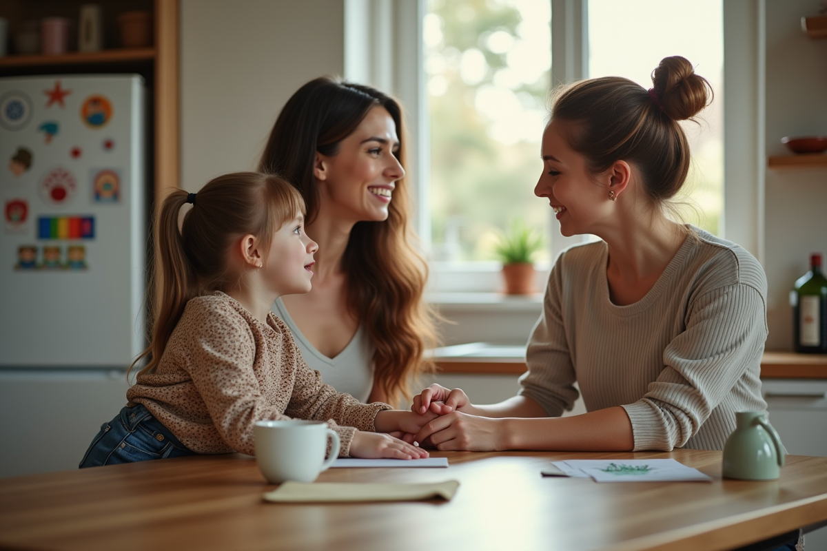 Maman et enfant discutant à la cuisine chaleureuse