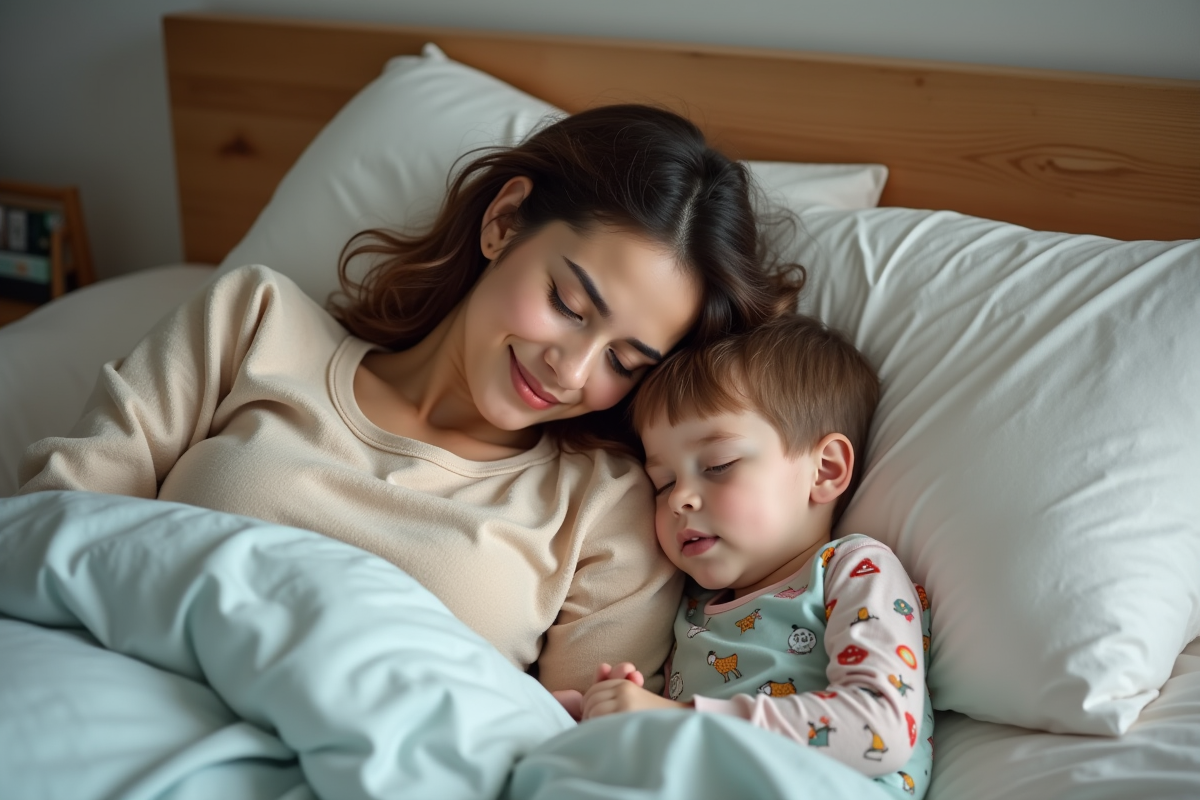 Femme et enfant endormis dans un lit douillet