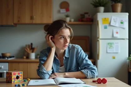 Femme fatiguée dans la cuisine familiale en mode détente