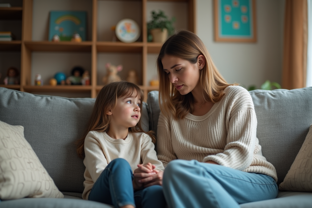 Maman et fille assises sur un canapé dans le salon