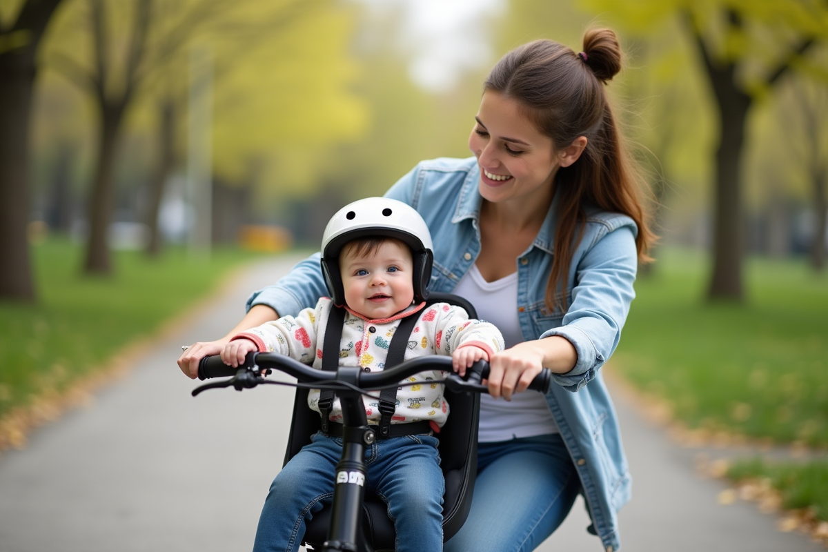Maman vérifiant la sécurité de son bébé en vélo
