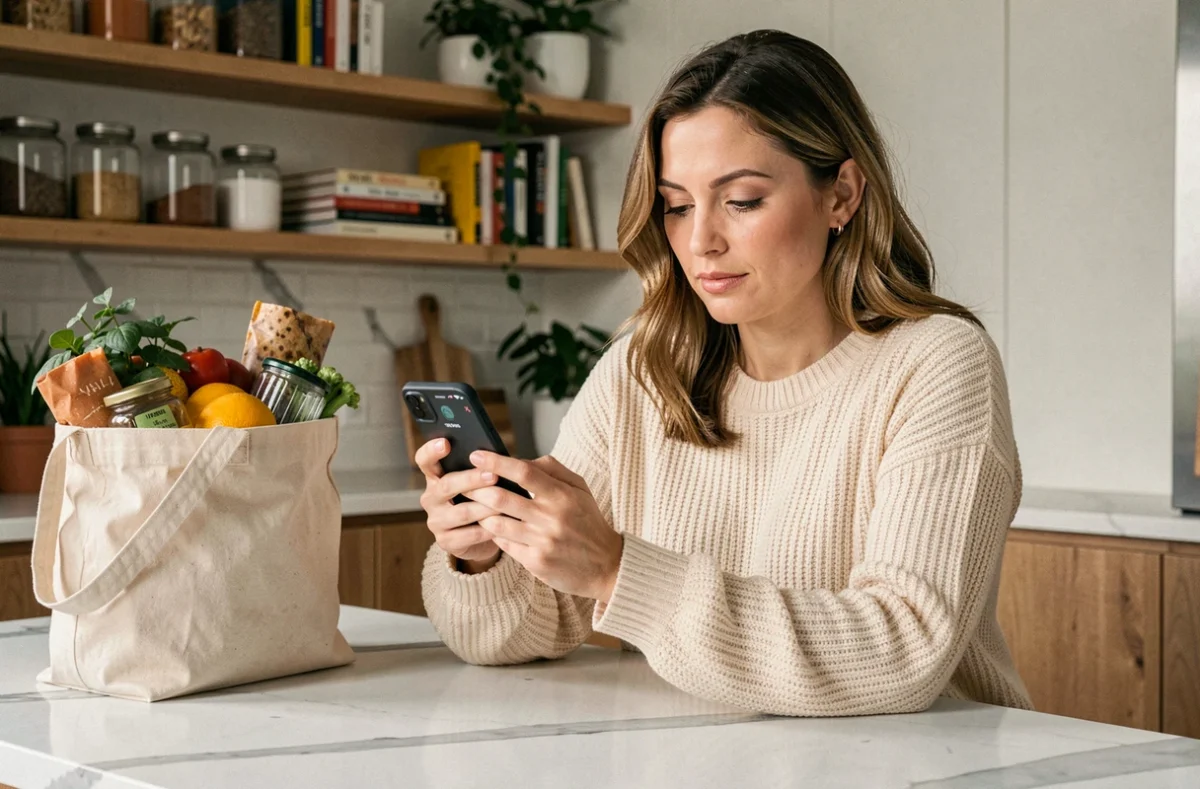 Maman connectée utilisant une application de shopping sur smartphone dans une cuisine moderne avec sac de courses