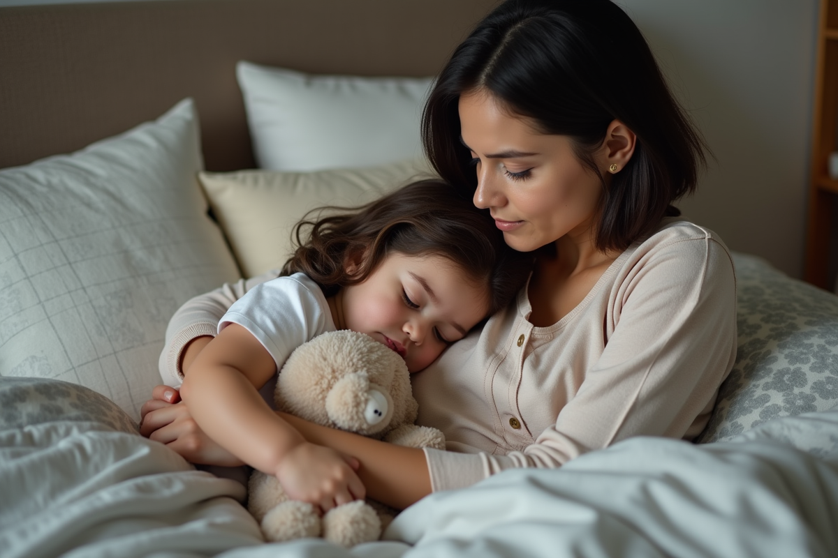 Maman veille sur sa fille endormie avec protection de matelas