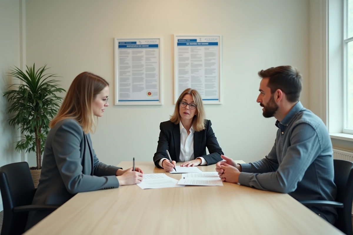 Couple en cours de séparation rencontrant un médiateur pour réorganiser les allocations familiales après le divorce