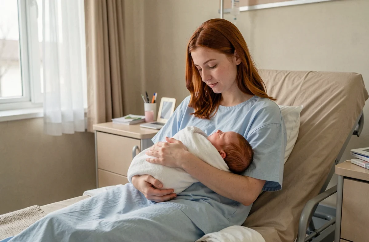 Mère aux cheveux roux tenant son bébé roux dans une chambre de maternité