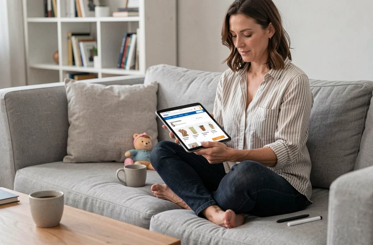 Mère assise sur un canapé comparant des produits sur une tablette numérique dans un salon contemporain