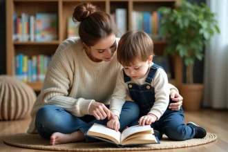 Mère et enfant lisant ensemble un poème sur les parents, assis sur un parquet en bois dans un salon chaleureux