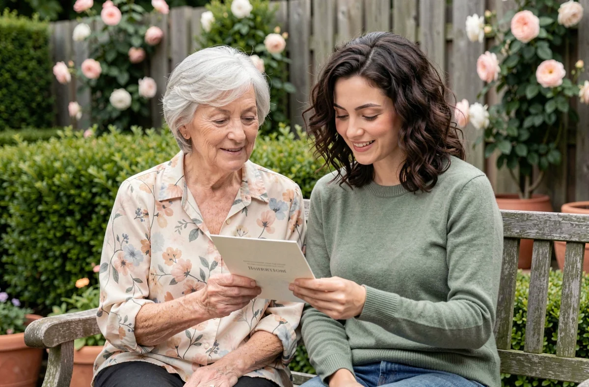 Mère et fille lisant ensemble une carte avec un proverbe dans un jardin fleuri
