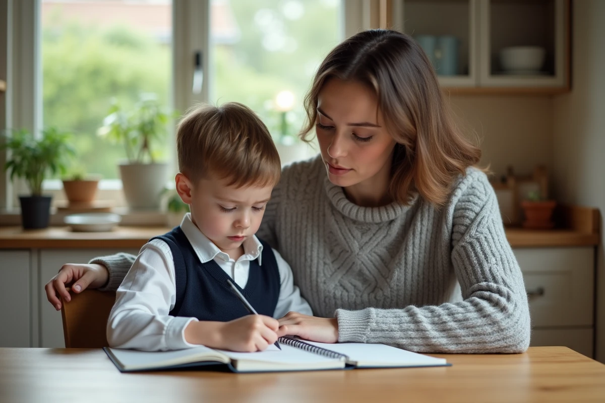 Mère et fils assis à la table de cuisine, regardant ensemble un cahier scolaire avec une expression préoccupée, illustrant le dialogue parent-enfant face aux décisions scolaires