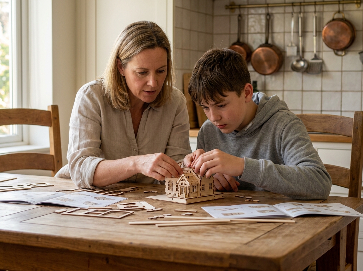 Mère et fils adolescent assemblant un kit de construction en bois à la table familiale