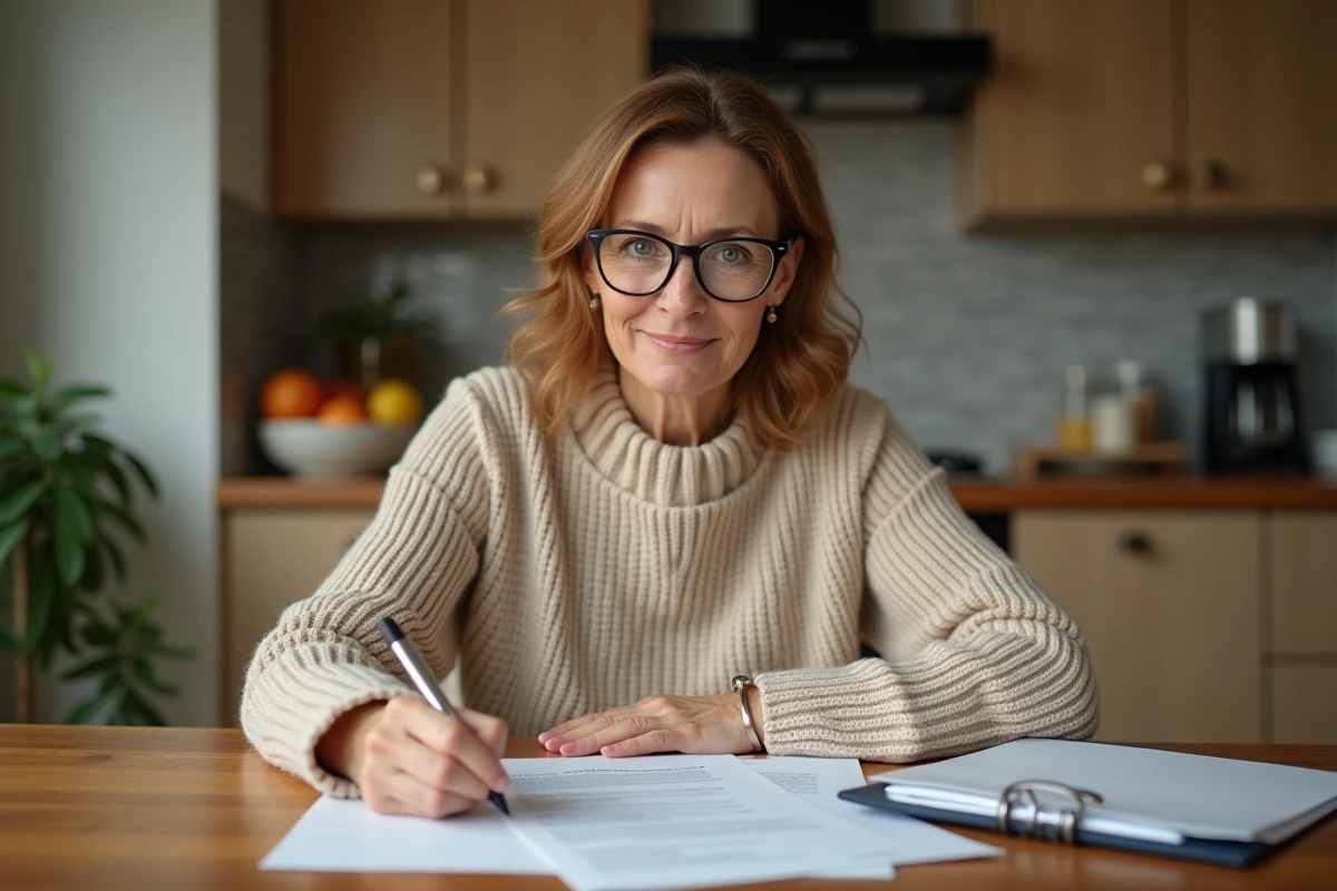 Mère rédigeant une attestation d'hébergement pour mineur à la table de cuisine familiale