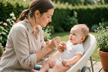 Mère appliquant un répulsif moustique doux sur les bras de son bébé sur une terrasse en bois entourée de verdure en été