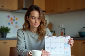 Mère séparée consultant un calendrier de semaines paires et impaires à la table de sa cuisine