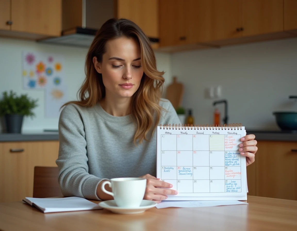 Mère séparée consultant un calendrier de semaines paires et impaires à la table de sa cuisine