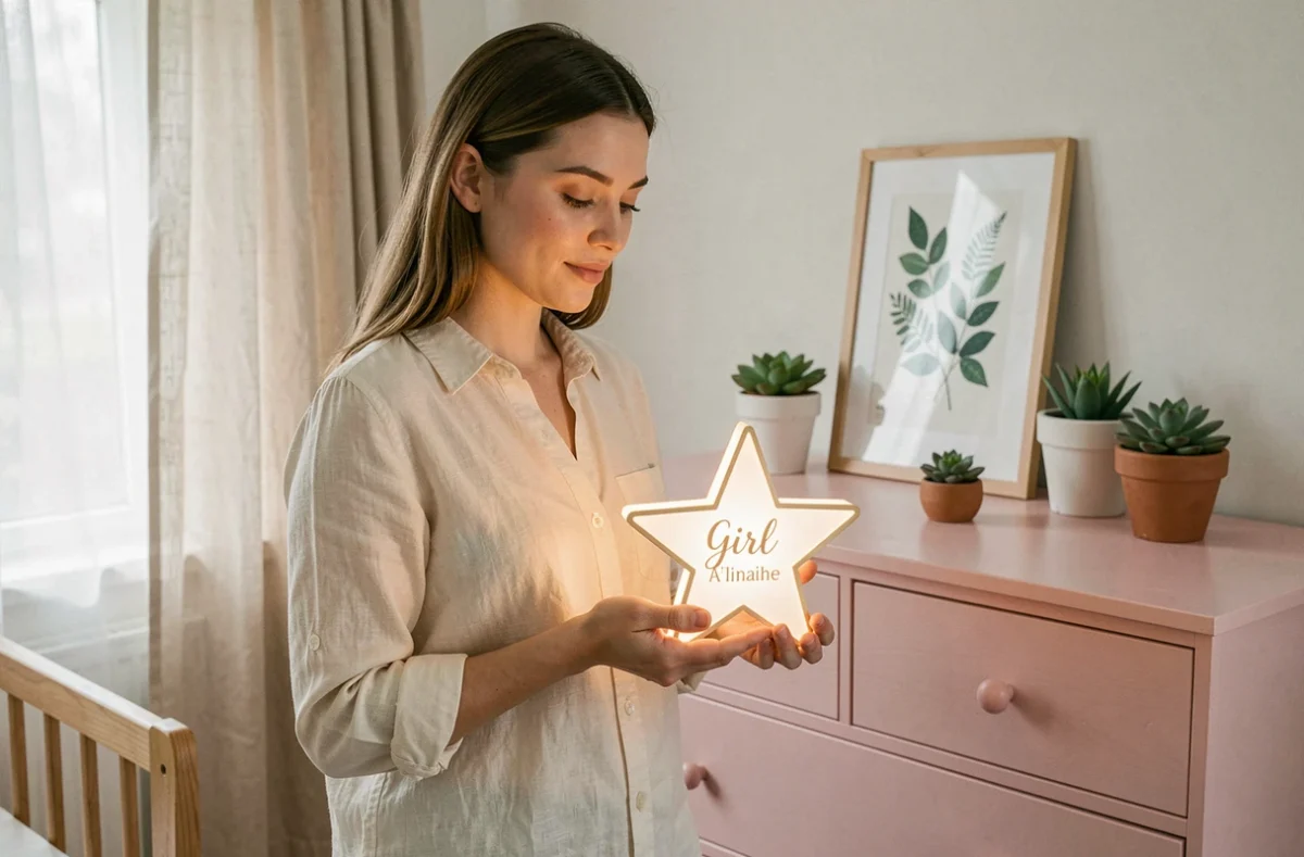 Mère tenant une veilleuse personnalisée en forme d'étoile avec le prénom de sa fille dans une chambre bébé rose et bois clair