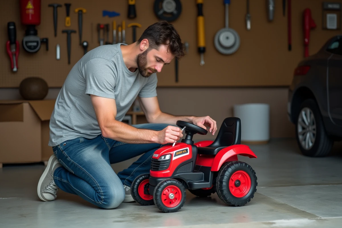 Père assemblant un tracteur électrique pour enfant dans un garage à la maison