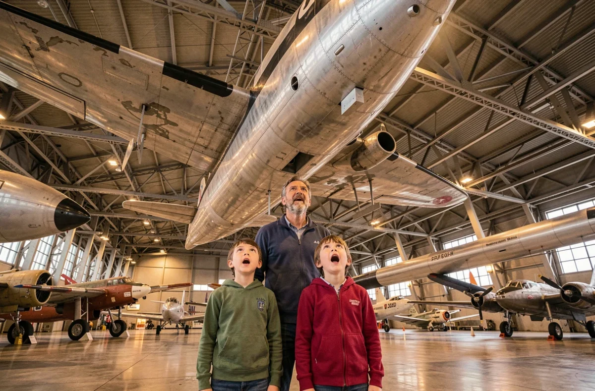 Père et enfants admirant un avion historique suspendu au Musée de l'Air et de l'Espace du Bourget