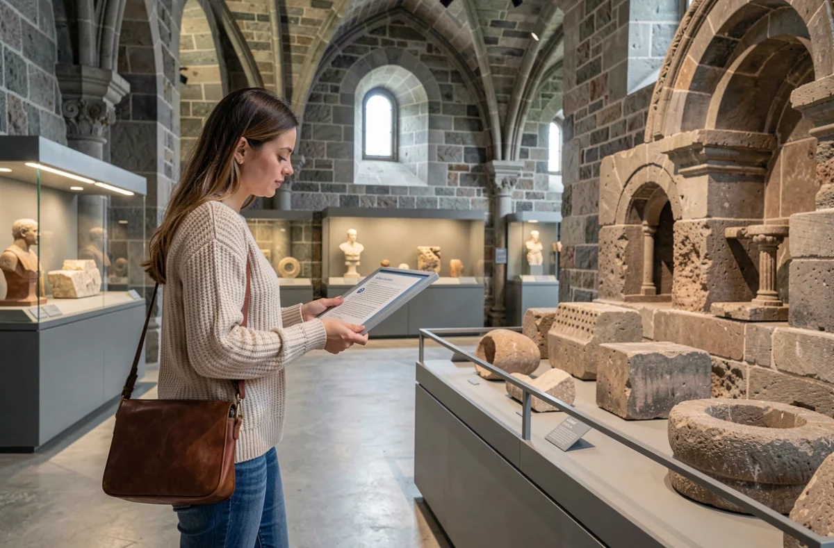 Visiteuse contemplant un baptistère médiéval et des vestiges archéologiques au Musée de l'Ancien Évêché de Grenoble