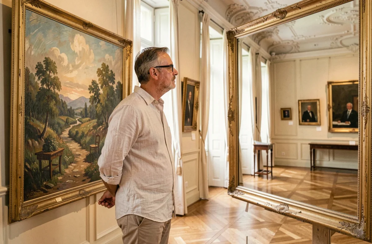 Visiteur contemplant une peinture impressionniste dans les salles du Musée Hébert installé dans une villa historique à La Tronche