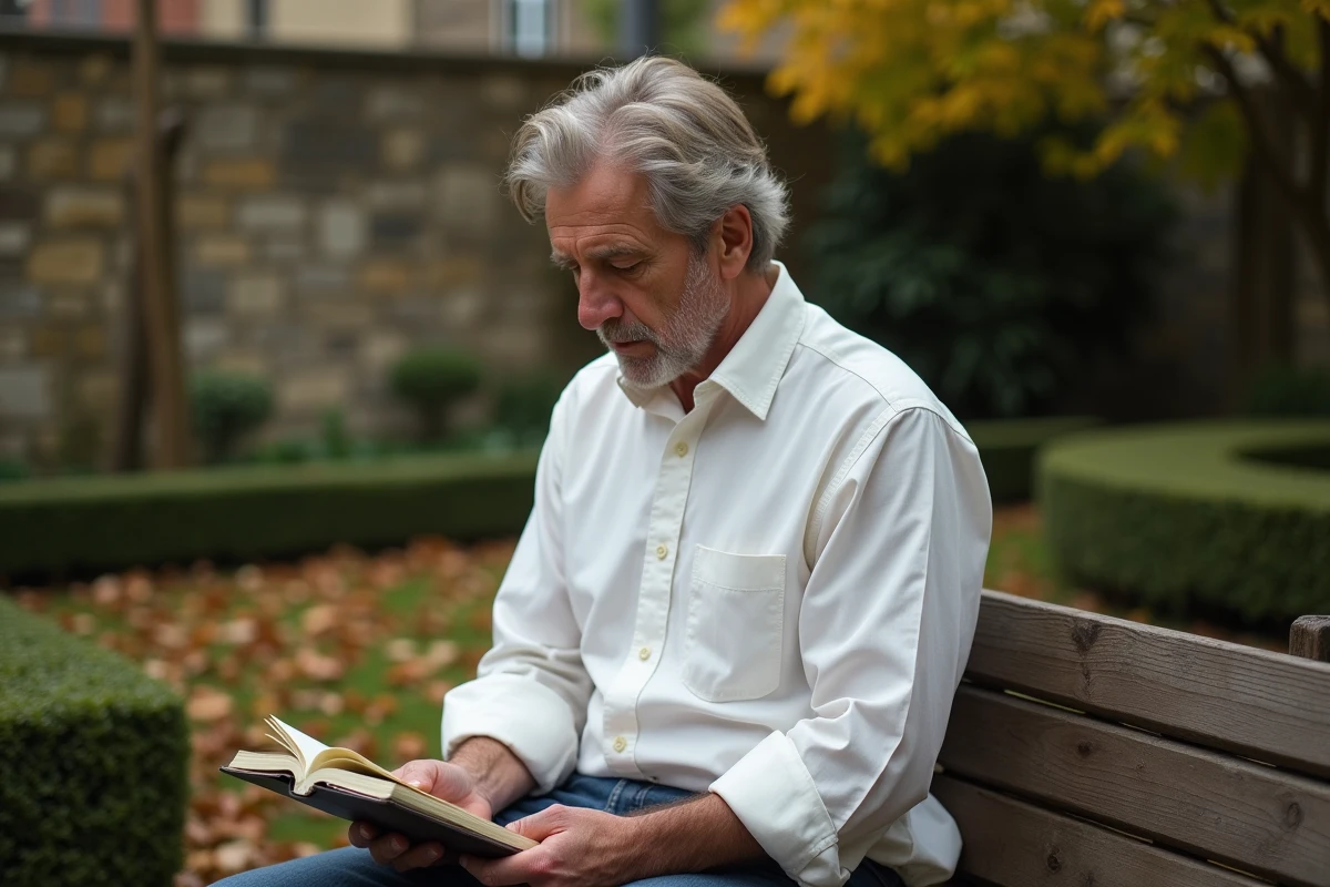 Homme pensif assis dans un jardin français en automne avec un carnet, évoquant l'introspection et la sphère privée d'une personnalité médiatique