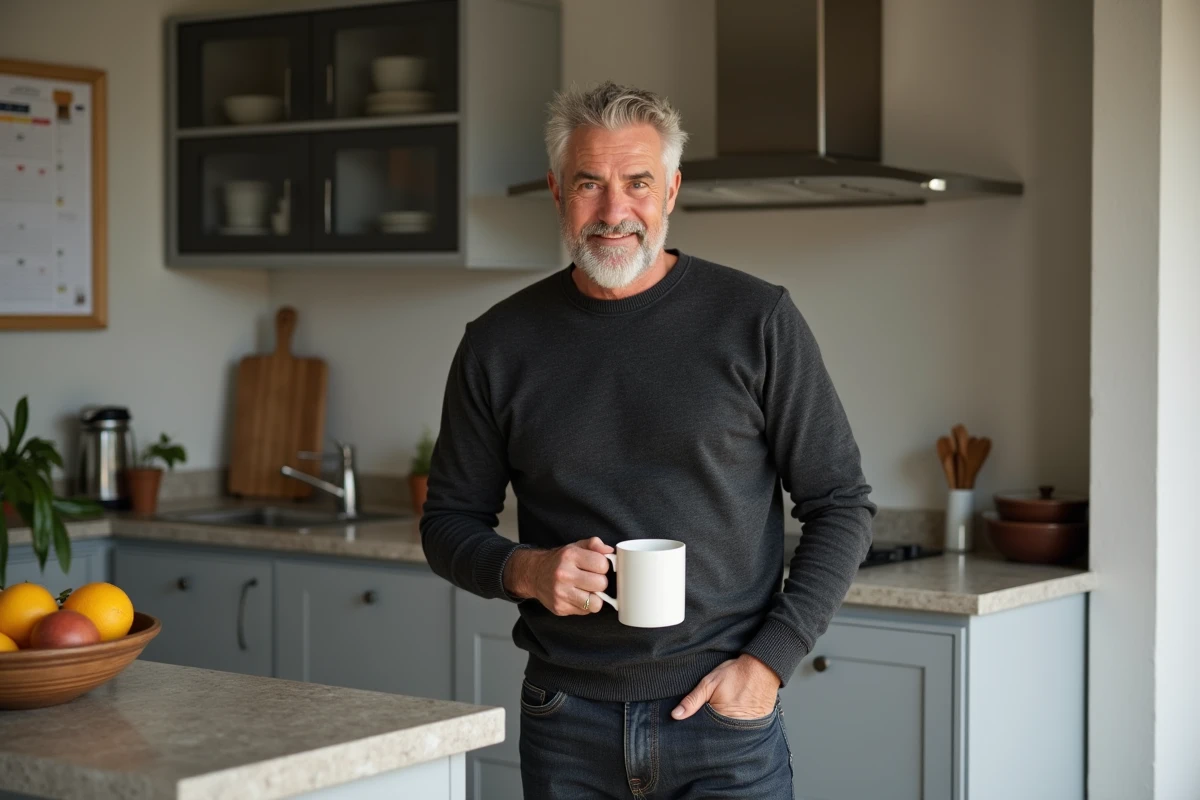 Homme en tenue décontractée tenant un café dans une cuisine moderne française, moment de vie privée et familiale authentique
