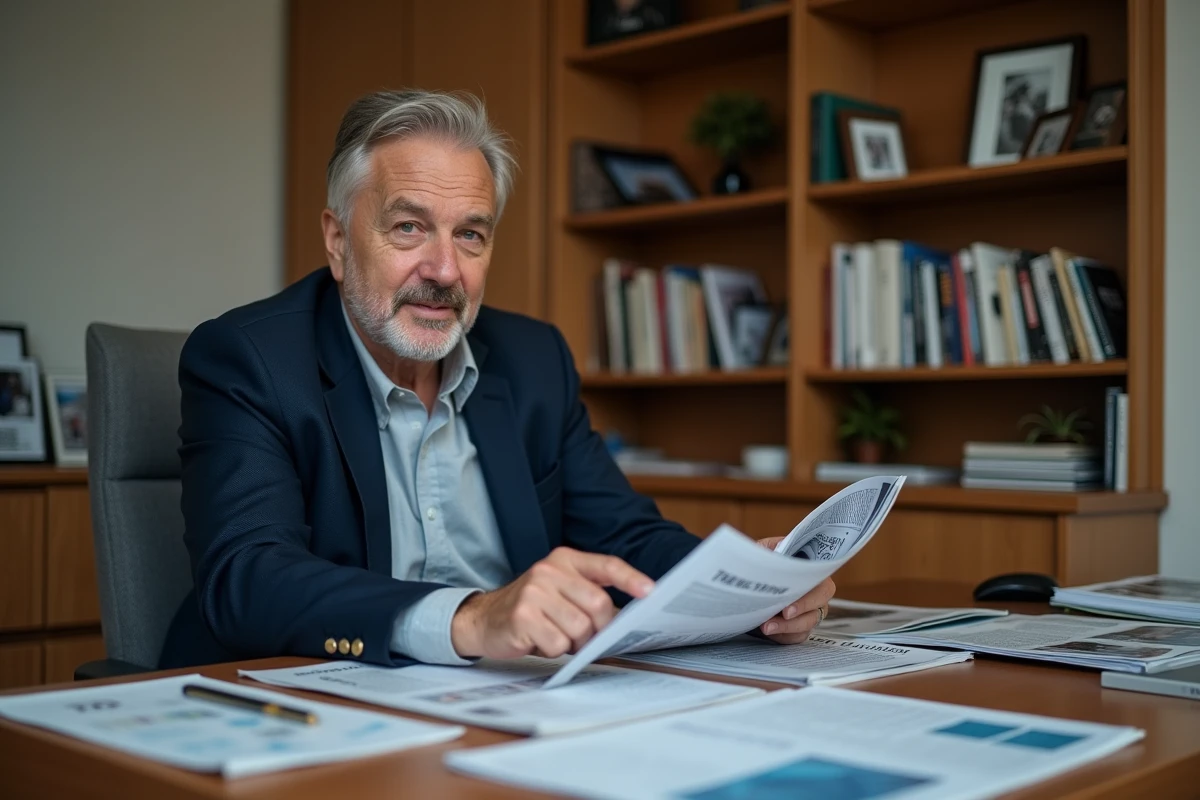 Homme professionnel dans la cinquantaine consulte des revues de commerce dans un bureau à domicile chaleureux, évoquant la double vie privée et professionnelle d'un expert médias