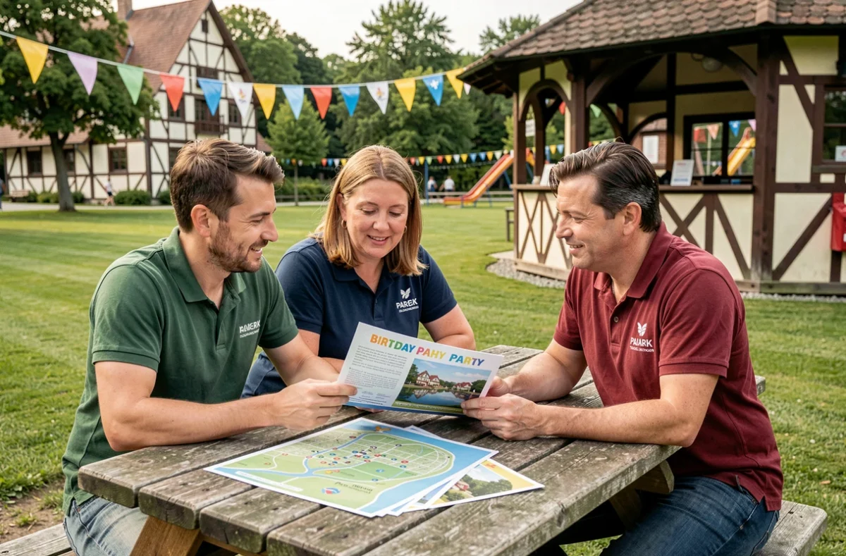 Parents et coordinatrice de parc planifiant un anniversaire d'enfant dans un parc d'attractions alsacien