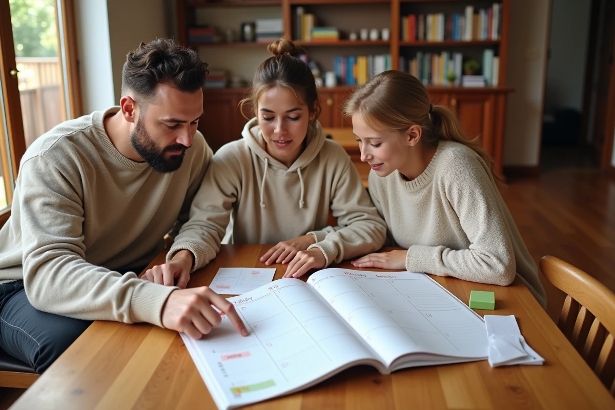 Famille organisant le planning familial 2026 avec un calendrier de semaines paires et impaires sur une table en bois