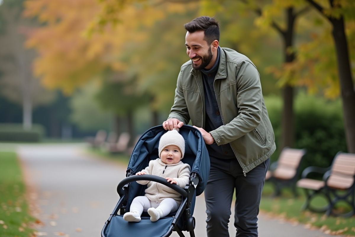 Papa attache sa fille dans une poussette au parc