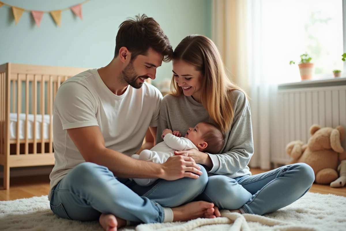 Père assis avec sa partenaire et leur fille dans une nurserie lumineuse