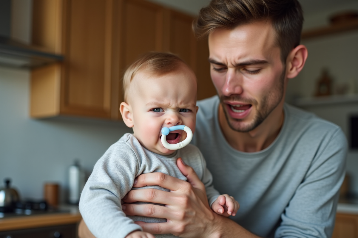 Pere tenant son bebe grimace en mordant la tétine dans la cuisine