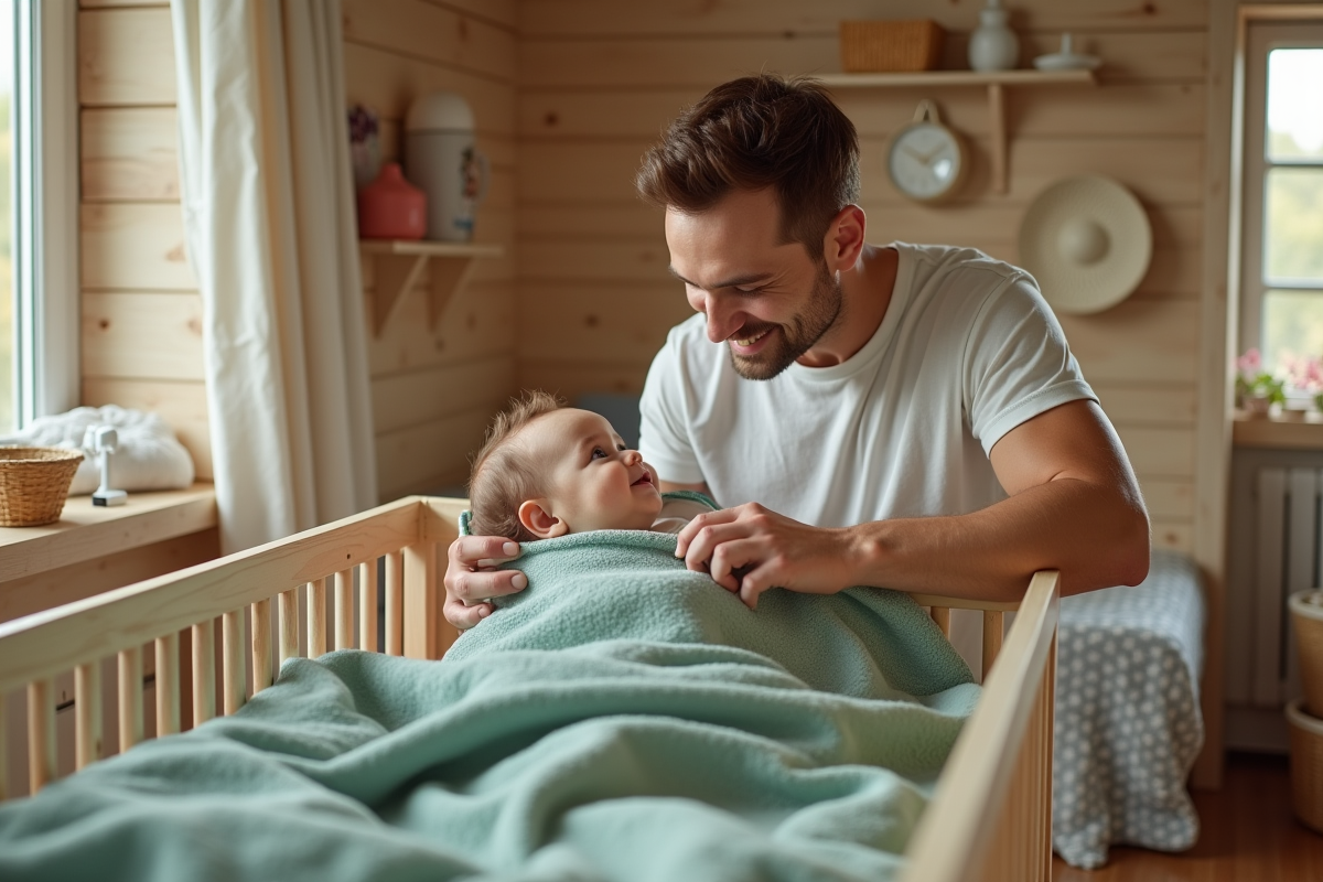 Père ajustant une couverture sur son bébé dans le berceau